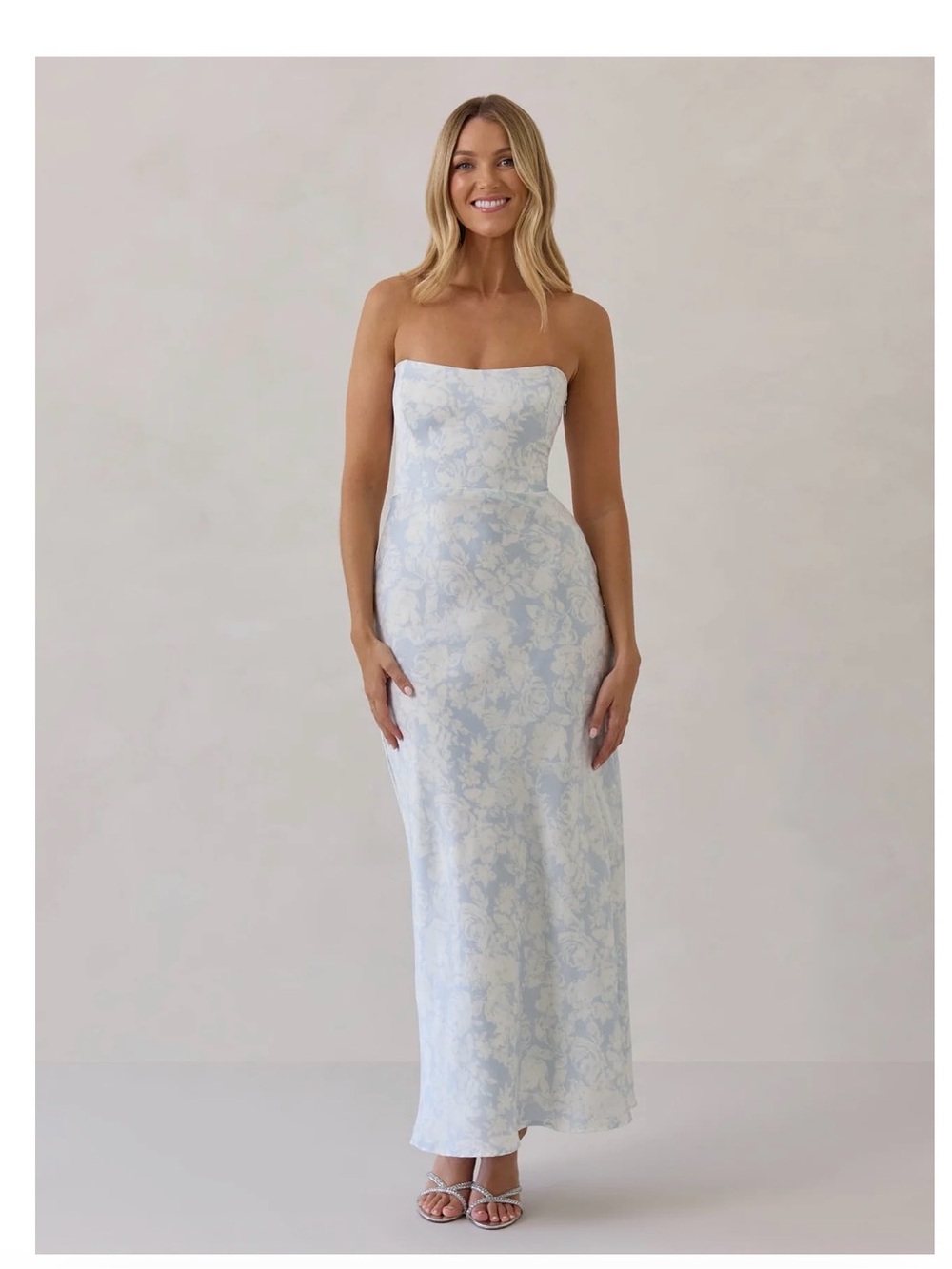 PARK & FIFTH Brodie Tea Length Strapless Maxi Dress in Serene, Blue Floral | XL